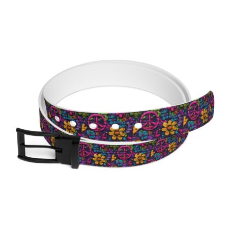 Belt featuring a vibrant all-over print of peace signs, flowers, and hearts on a purple brick background.