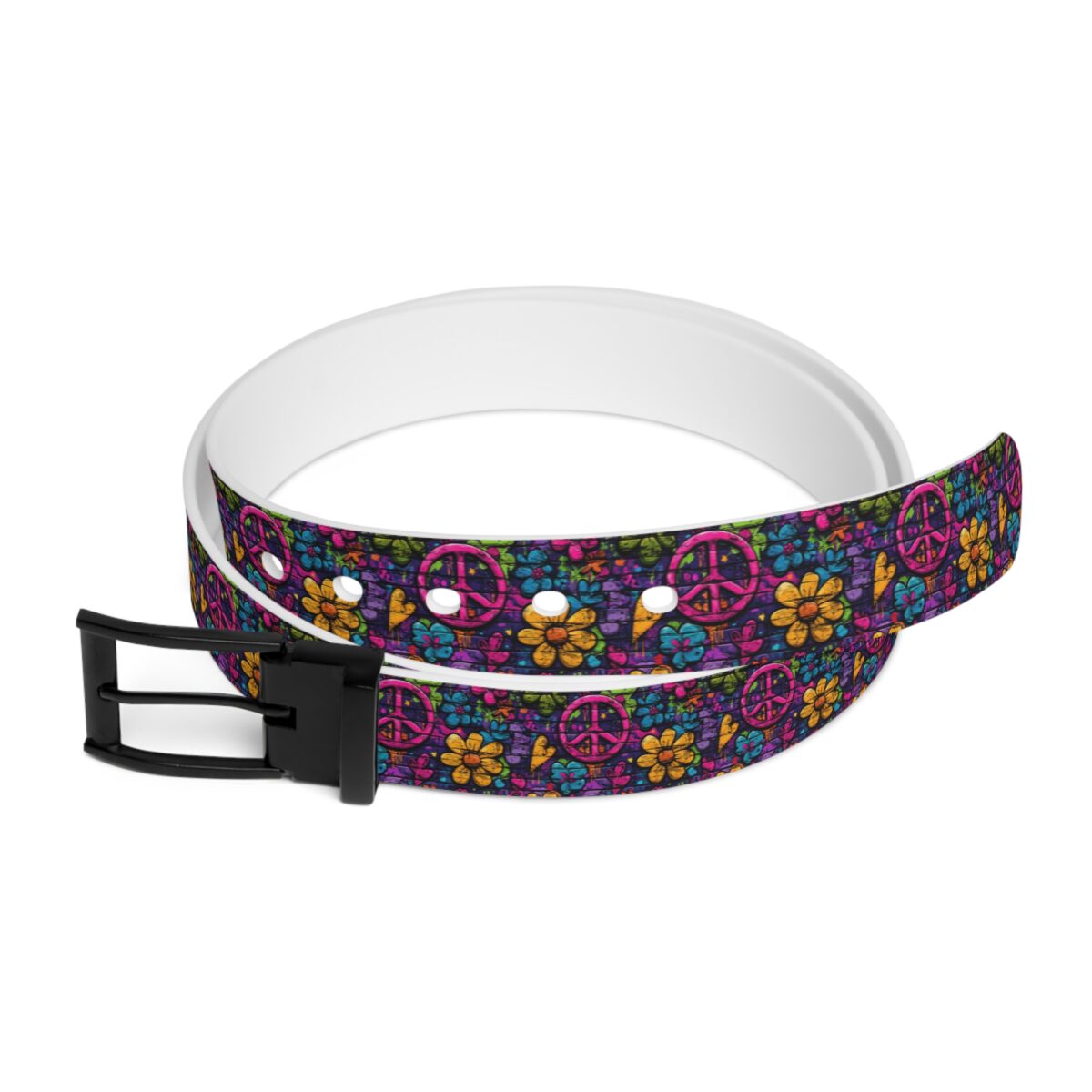 Belt featuring a vibrant all-over print of peace signs, flowers, and hearts on a purple brick background.