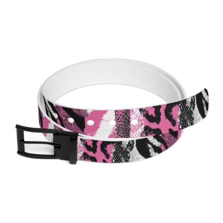Pink and black animal print belt featuring leopard spots and zebra stripes with a silver buckle.