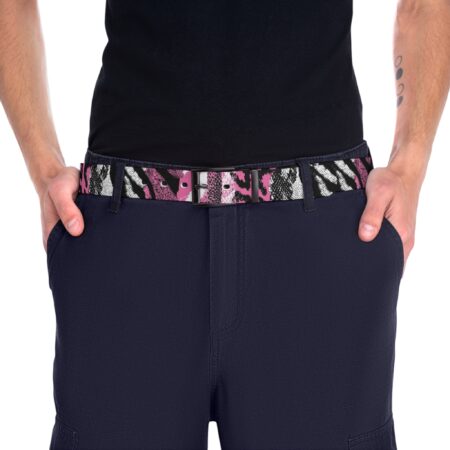 Adjustable black buckle belt with pink, black, and white snake and zebra print pattern.