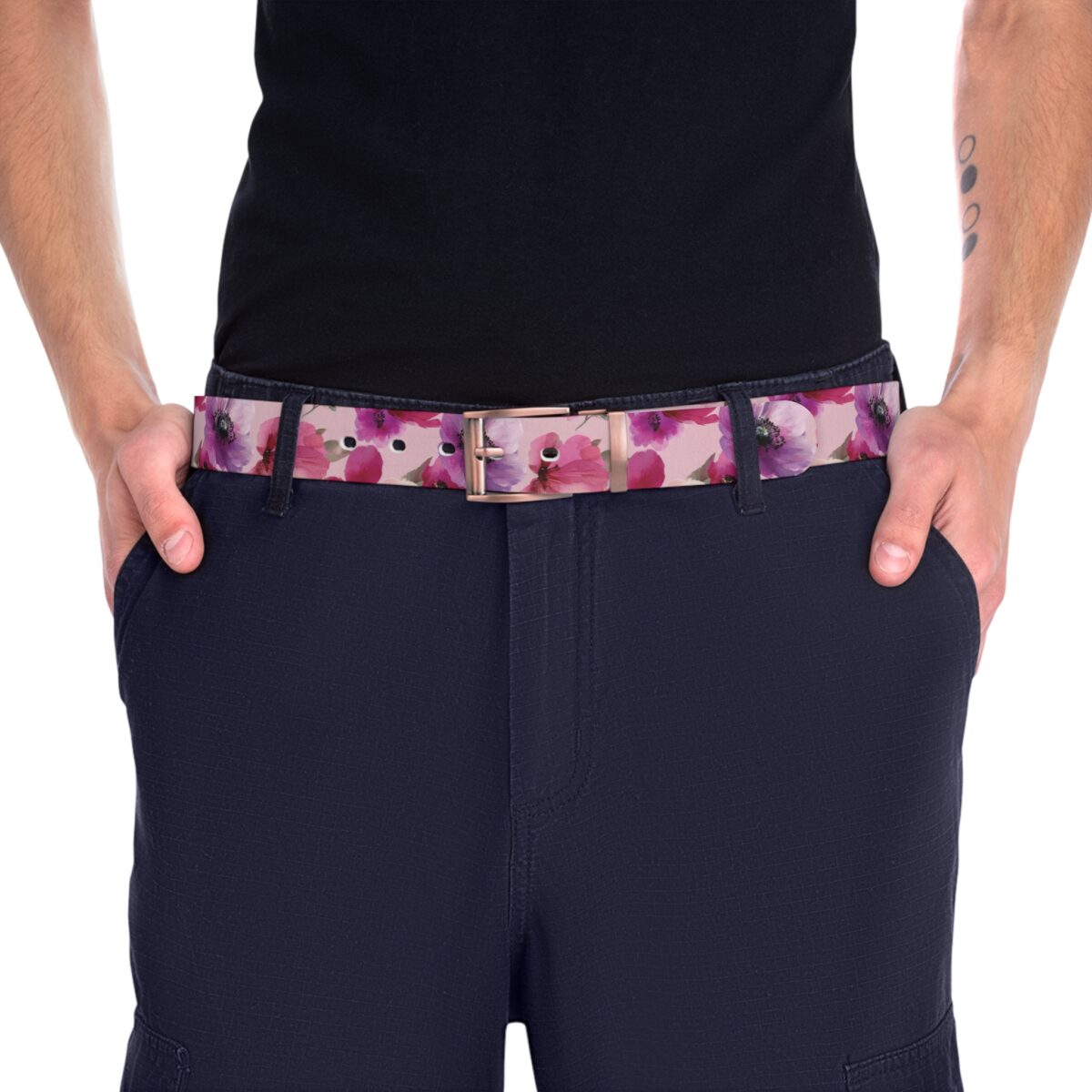 Pink belt with a seamless all over print of vibrant purple and pink watercolor poppies and flowers.
