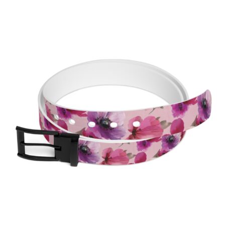 Pink belt with a repeating watercolor floral pattern featuring pink and purple poppies with green leaves and a black buckle.