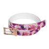 Pink belt featuring a vibrant watercolor floral print with purple and magenta poppies, accented by a rose gold buckle.