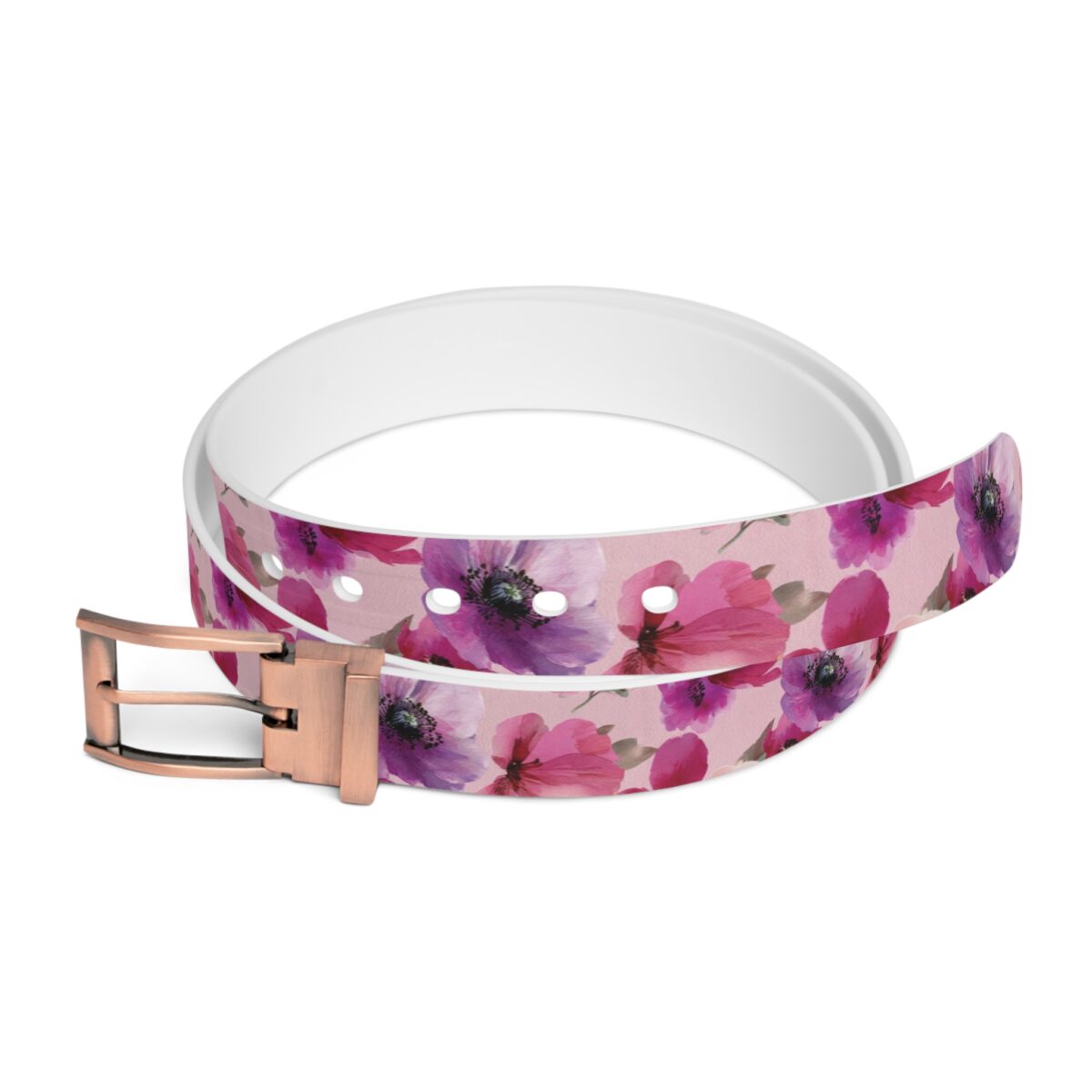 Pink belt featuring a vibrant watercolor floral print with purple and magenta poppies, accented by a rose gold buckle.