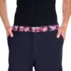 Pink belt with purple and pink watercolor poppy floral print and black buckle.