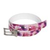 Pink belt with a repeating watercolor floral print of pink and purple poppies, featuring a silver buckle.
