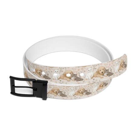 All over print belt with cute puppies and kittens among a floral pattern. Features golden retrievers, white cats, and tabby cats.