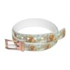 Belt with all over print of a golden retriever puppy cuddling a kitten amidst white and yellow flowers on a light blue background.