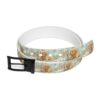 Adorable golden retriever puppy and tabby kitten surrounded by white daisies on a light blue background. All over print sublimation belt.