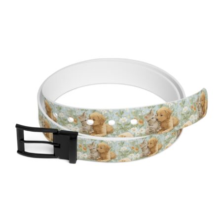 Adorable golden retriever puppy and tabby kitten surrounded by white daisies on a light blue background. All over print sublimation belt.