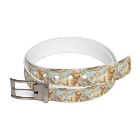 Seamless print belt featuring golden retriever puppies and tabby kittens nestled in a field of wildflowers.