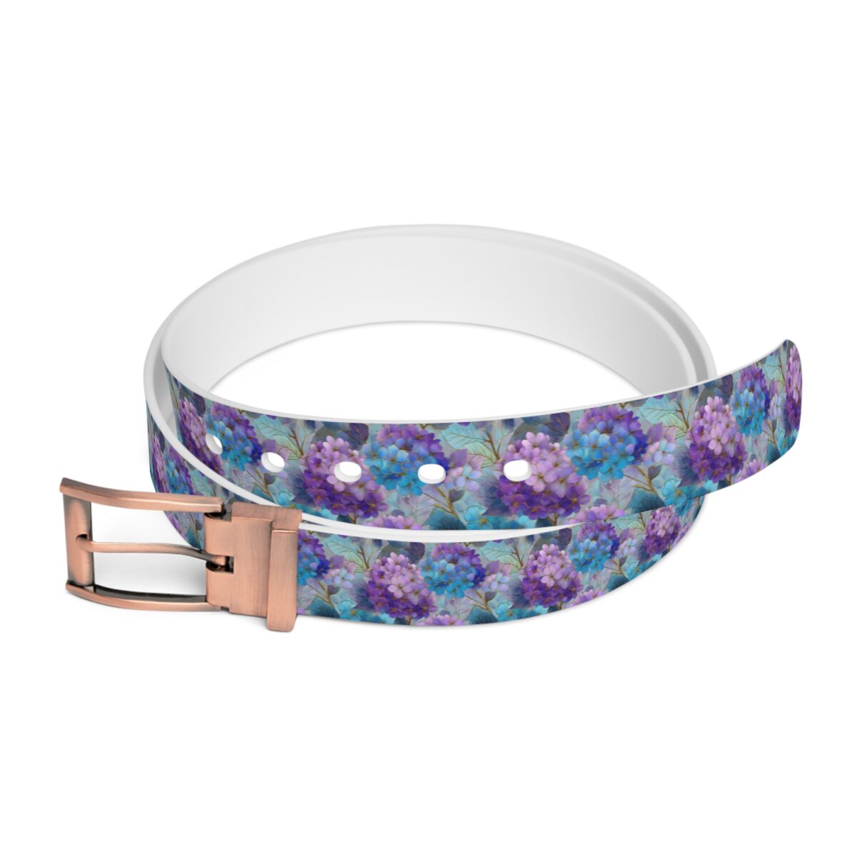 Purple and blue hydrangea floral print belt with rose gold buckle.