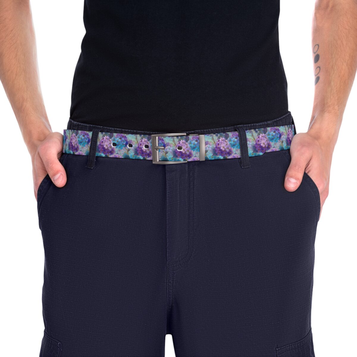Adjustable belt with a vibrant purple and blue hydrangea floral print, featuring a silver buckle and a seamless wrap-around design.