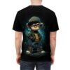 Teal and black graffiti-like patterns cover this graphic streetwear tee, depicting a cool monkey in a cap and jacket.