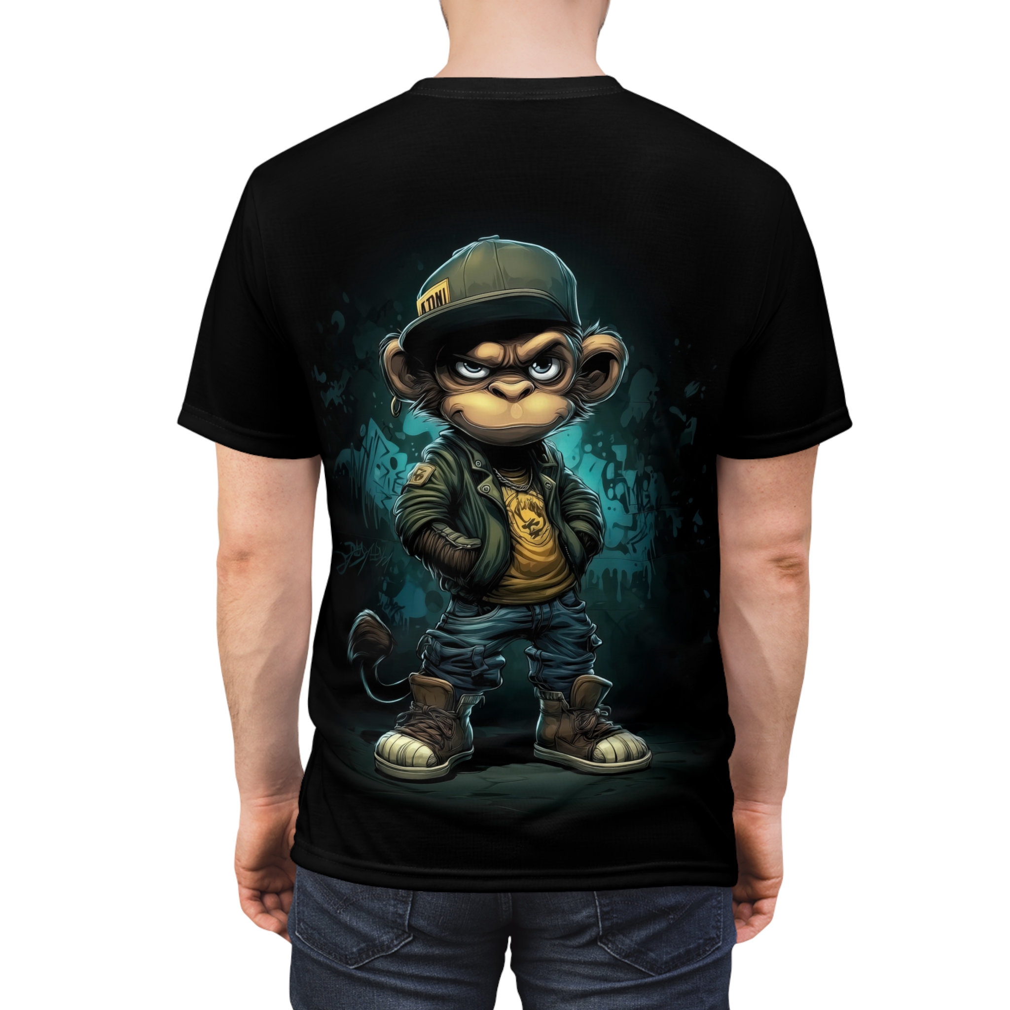 Teal and black graffiti-like patterns cover this graphic streetwear tee, depicting a cool monkey in a cap and jacket.
