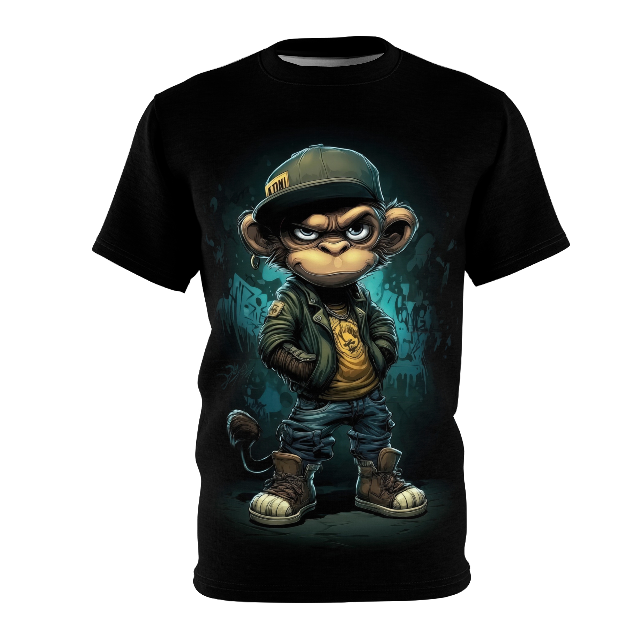 A rebellious monkey in a cap and jacket covers this all over print apparel, with a graffiti background.