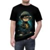 Dark blues and greens with graffiti textures cover this 3D graphic t-shirt, depicting a rebellious monkey wearing a backward baseball cap and a leather jacket.