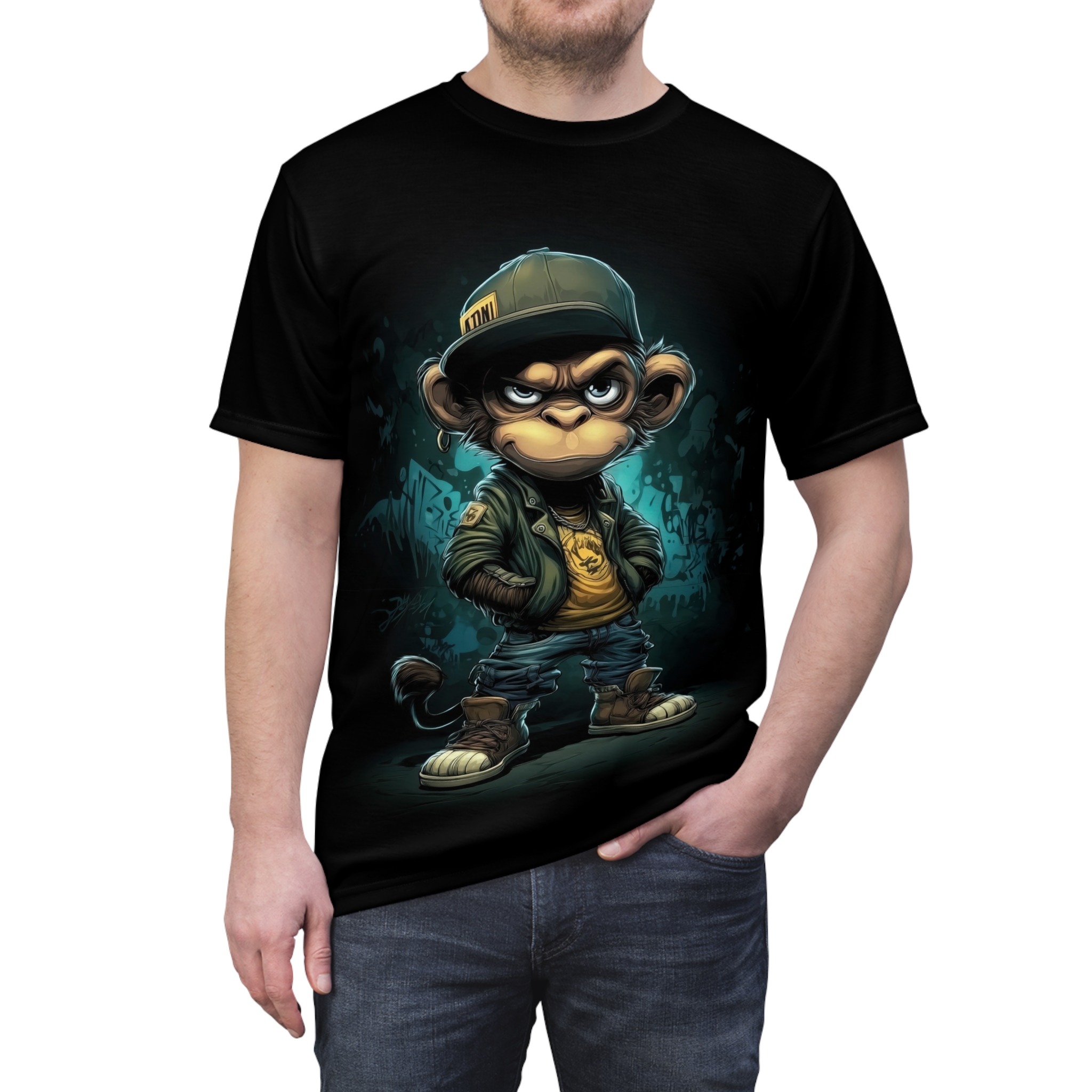 Dark blues and greens with graffiti textures cover this 3D graphic t-shirt, depicting a rebellious monkey wearing a backward baseball cap and a leather jacket.