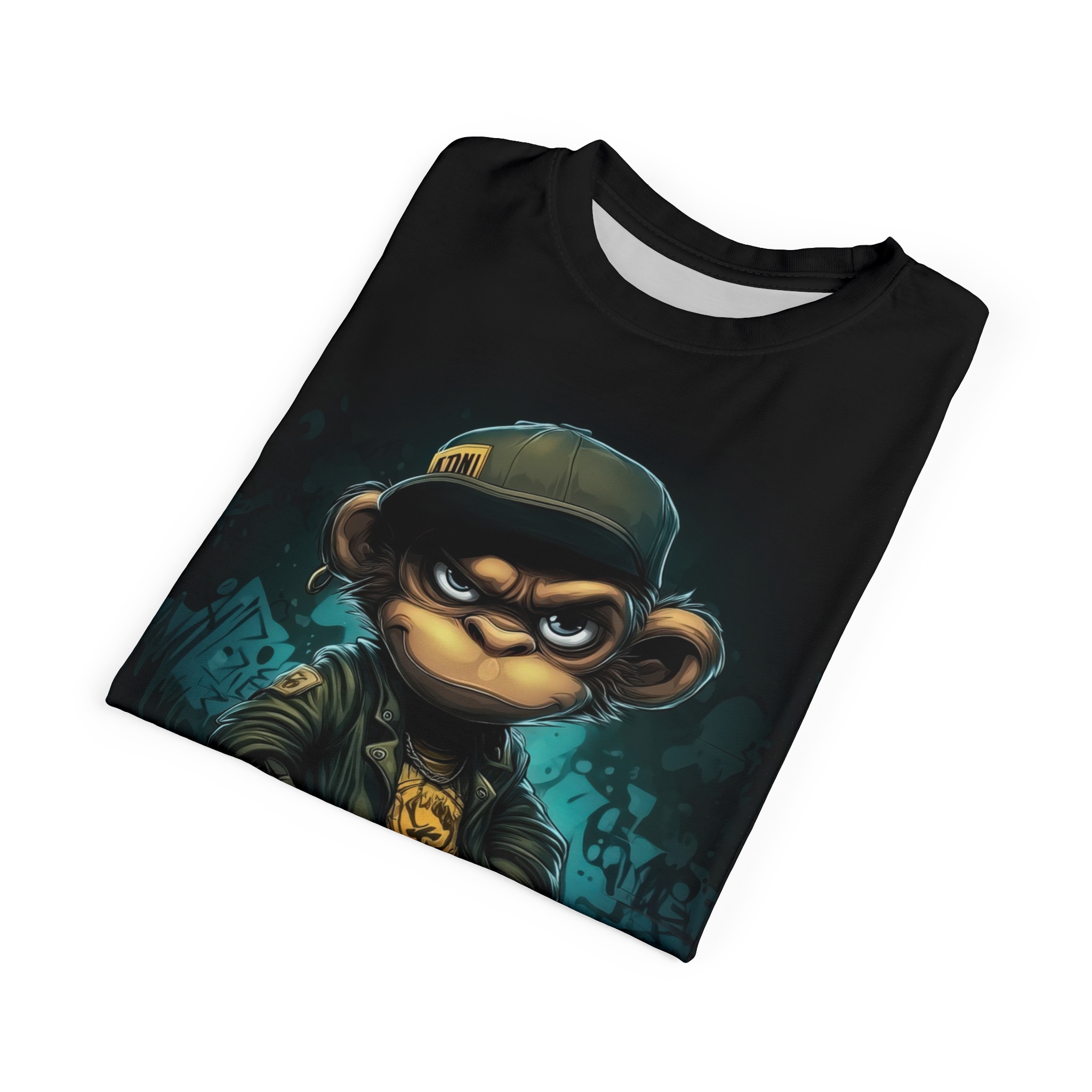 Dark teal abstract shapes and graffiti patterns cover this graphic tee shirt, featuring a rebellious monkey wearing a cap and jacket.