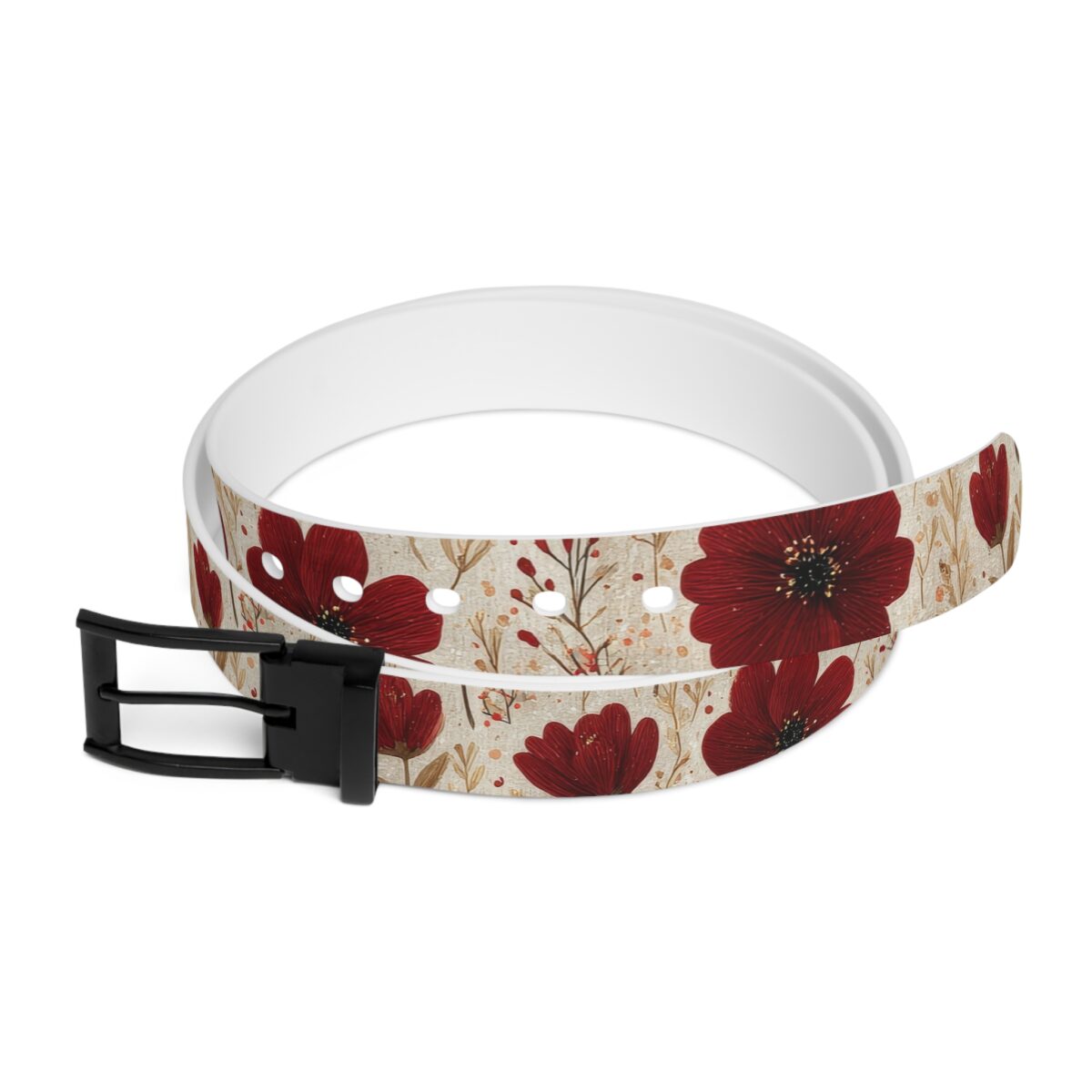 Textile belt with red floral print and black buckle.