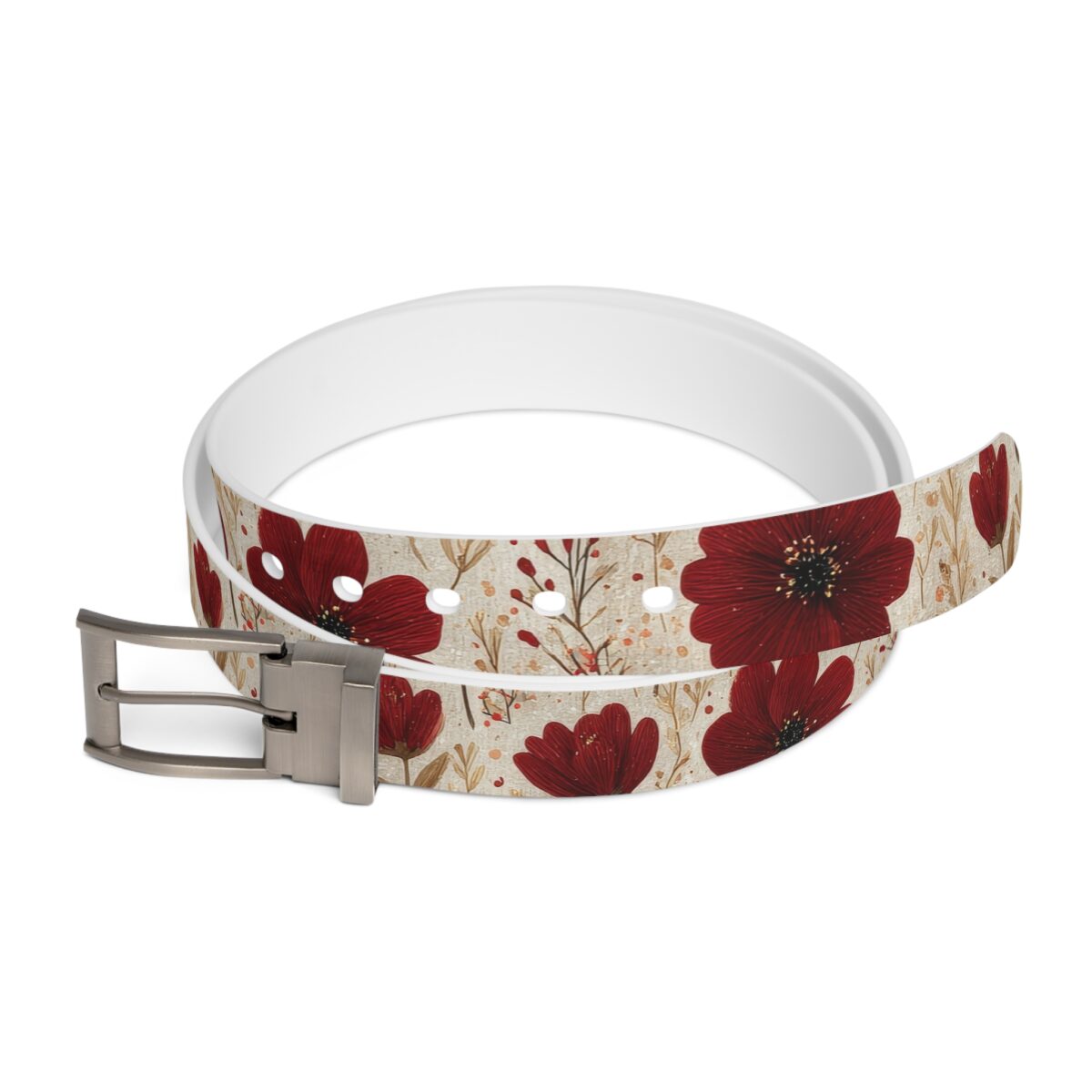 Red floral pattern belt with a textured background and a silver buckle. Features a repeating seamless print.