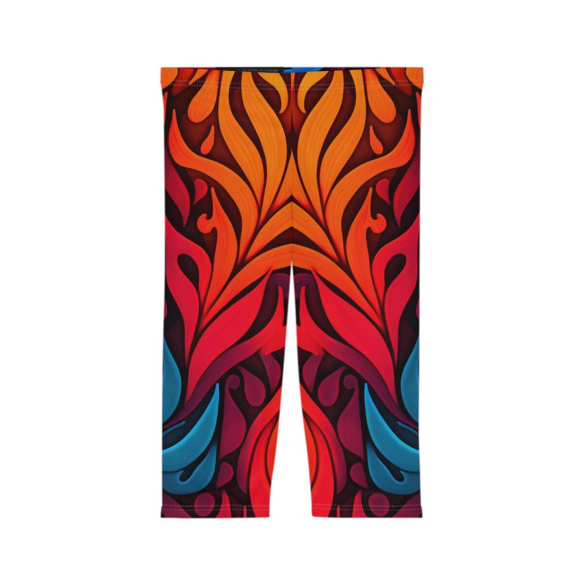 Flowing red, orange, and blue flame-like shapes create a dynamic all over print apparel design with a dark background.
