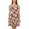 Red rose floral all over print sublimation skater dress with green leaves on cream background.
