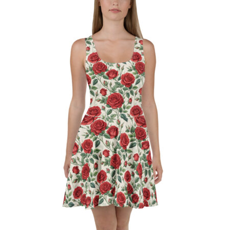 Red rose floral all over print sublimation skater dress with green leaves on cream background.