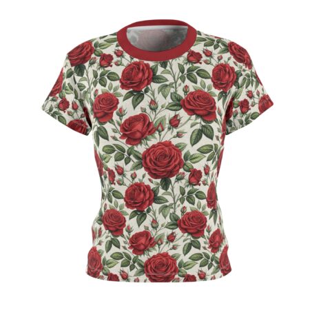 Seamless print t-shirt featuring a vintage botanical design of red roses and green leaves.