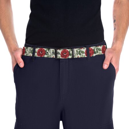 Red rose floral pattern belt with vintage aesthetic, offering a seamless wrap around graphic on a light background.