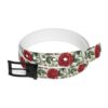Red rose floral print belt featuring a repeating pattern of vibrant red roses and green leaves with a black buckle.