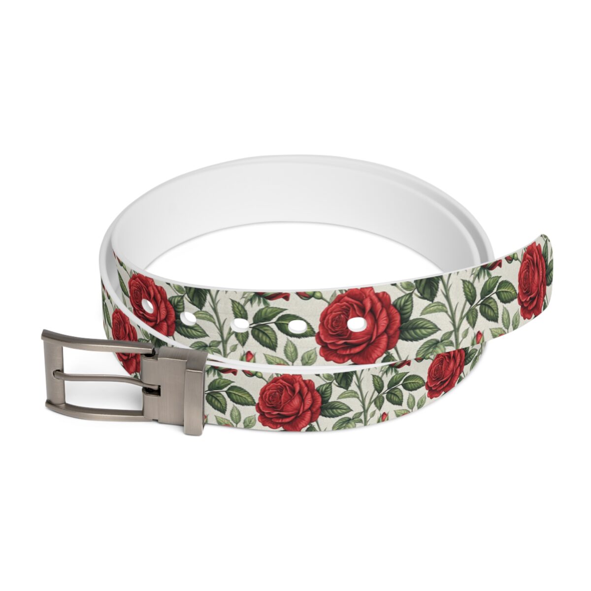 Women's belt with a vintage red rose floral all over print and metal buckle.