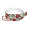 Red rose floral print belt with intricate green leaves and a rose gold buckle.
