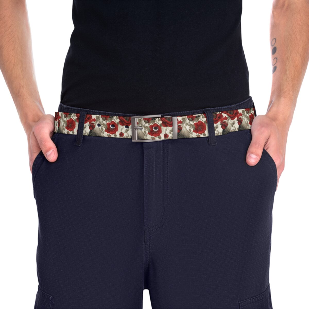 Vintage pattern belt featuring red roses and roosters, designed for a unique streetwear aesthetic.