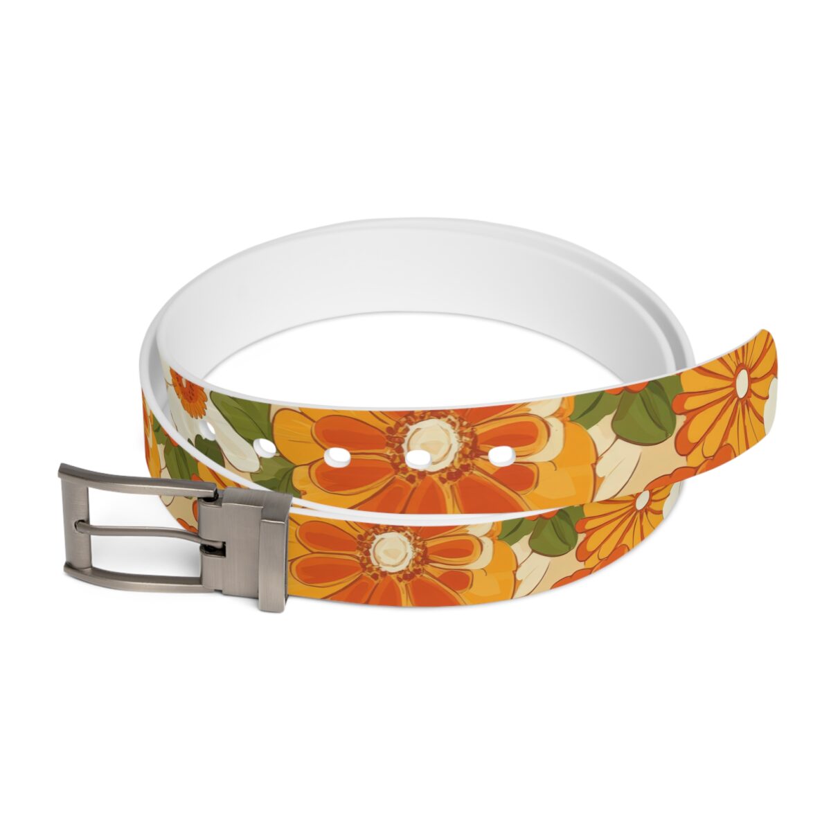 Retro floral all over print belt featuring bold orange and yellow blossoms with green leaves and a vintage pattern.