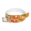 Retro floral print belt with orange and yellow flowers, green leaves, and a copper buckle.