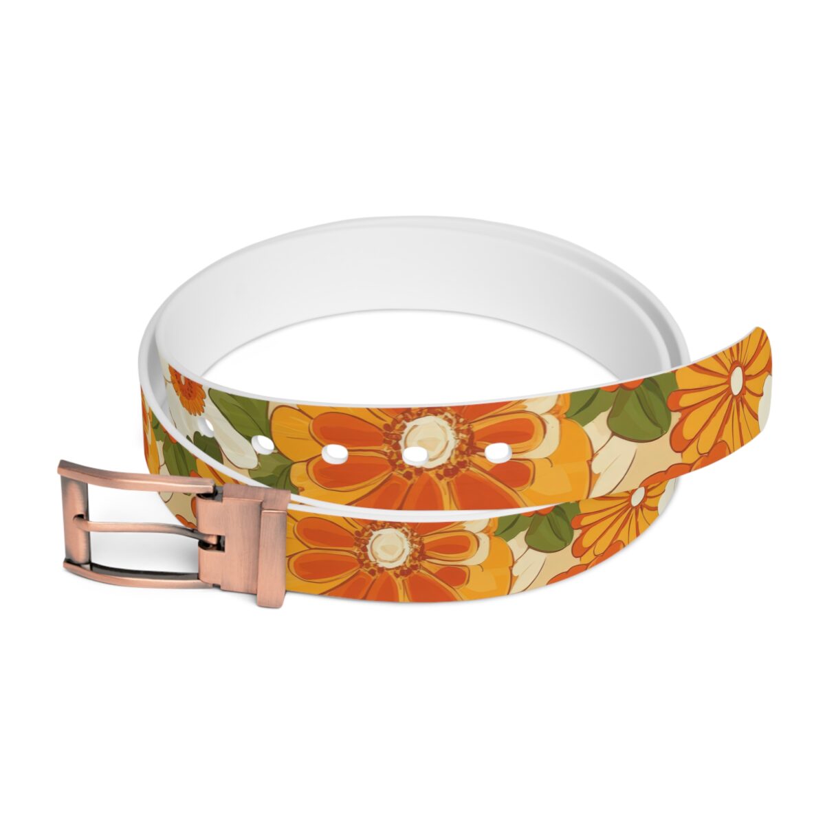 Retro floral print belt with orange and yellow flowers, green leaves, and a copper buckle.