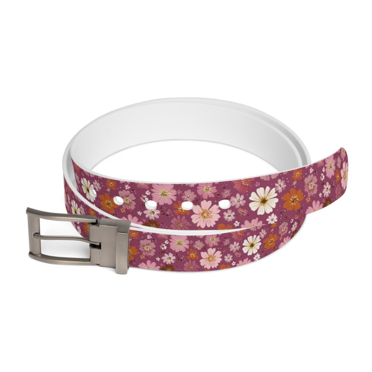 Purple belt with a vintage floral pattern, featuring pink, orange, and white flowers, with a silver buckle.
