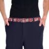 Retro floral print belt with small pink, white, and orange flowers on a muted purple background.