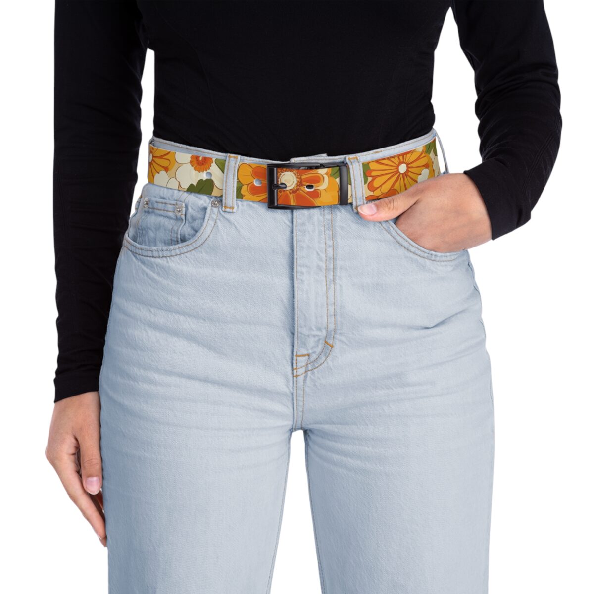 Retro floral print belt with orange and yellow flowers and green leaves, featuring a black buckle. Vintage pattern design.