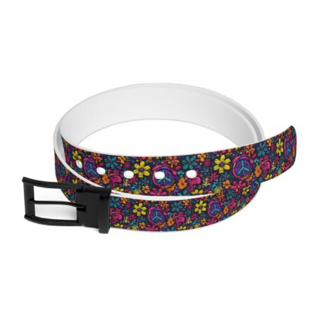 Retro peace flower all over print belt featuring a vibrant vintage pattern with colorful flowers and peace symbols.