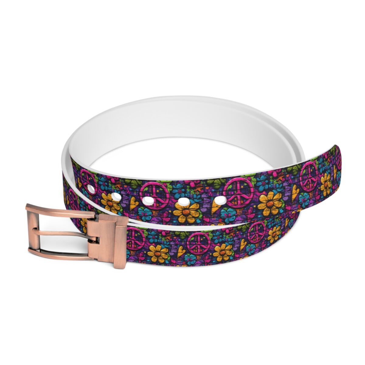 Retro peace sign and flower graphic belt with a vintage pattern and vibrant colors, perfect for a Y2K streetwear aesthetic.