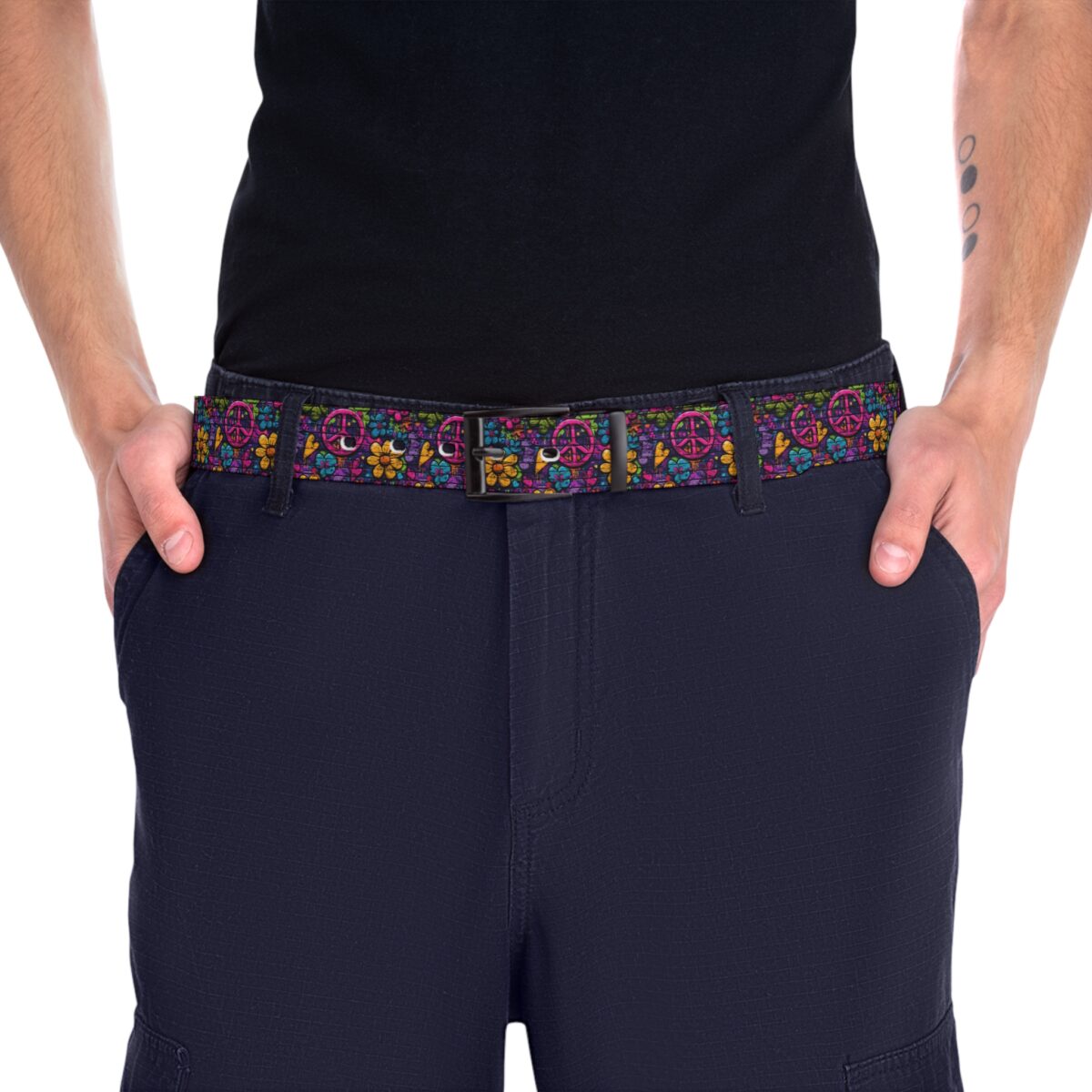 Retro peace and flower pattern belt, vibrant all over print with psychedelic design elements. Features sublimation tee style.