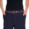 Retro peace sign and flower pattern belt with vibrant colors and a metal buckle.
