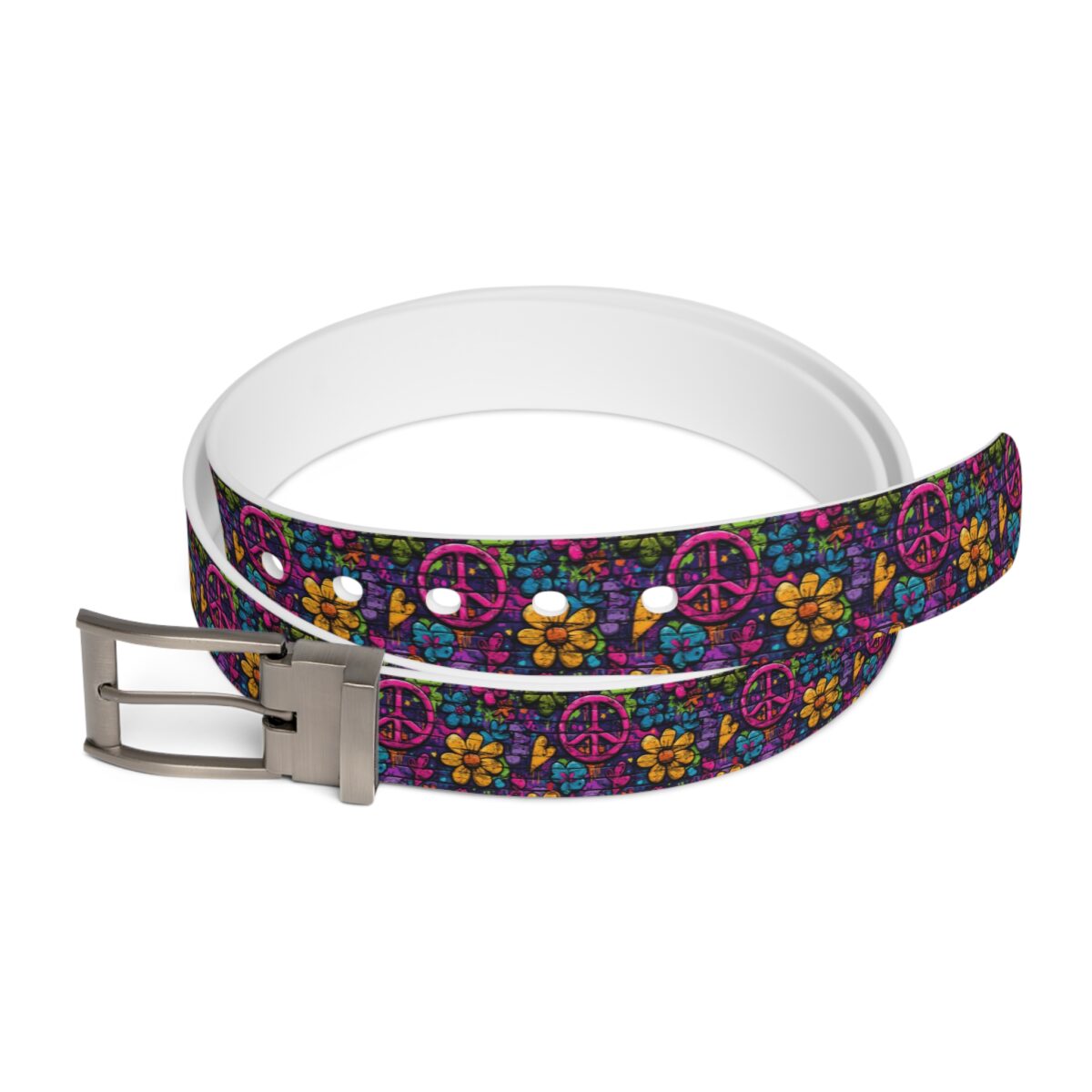 Retro peace sign and flower print belt featuring a colorful trippy festival pattern with a metal buckle.
