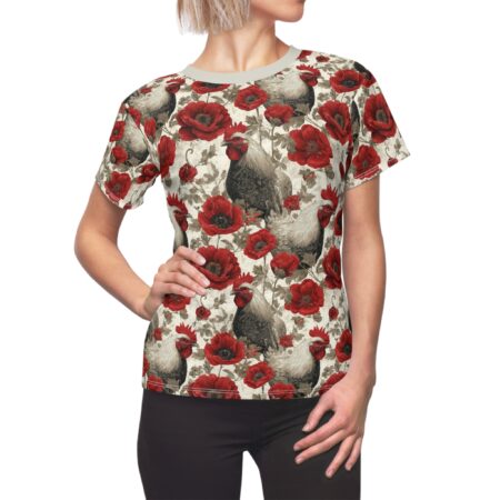 All over print sublimation tee featuring roosters and red poppies on a cream background. Seamless wrap around graphic.
