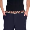 Men's belt with a repeating pattern of red poppies and roosters, featuring a vintage aesthetic.
