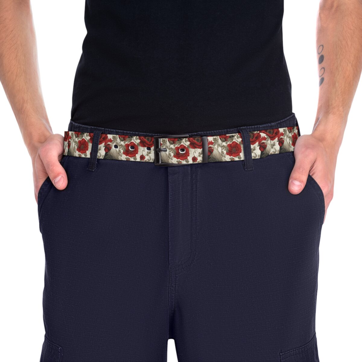 Men's belt with a vintage rooster and red floral pattern, featuring a unique all over print sublimation design.