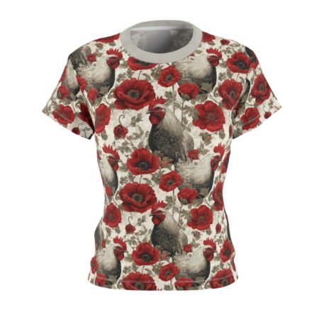 All over print sublimation tee featuring a vintage pattern of roosters and red poppies. Seamless wrap around graphic design.