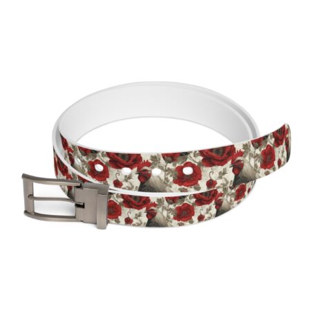 Retro rooster and red poppy floral pattern belt with a vintage aesthetic.